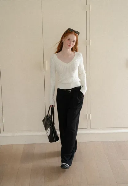 V Neck Cable Knit Long Sleeve Sweater
