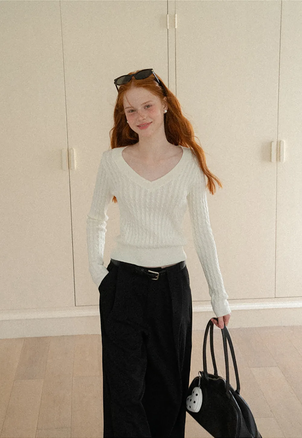 V Neck Cable Knit Long Sleeve Sweater