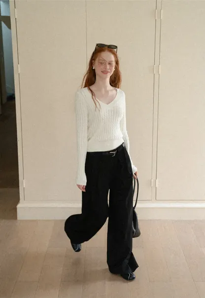 V Neck Cable Knit Long Sleeve Sweater
