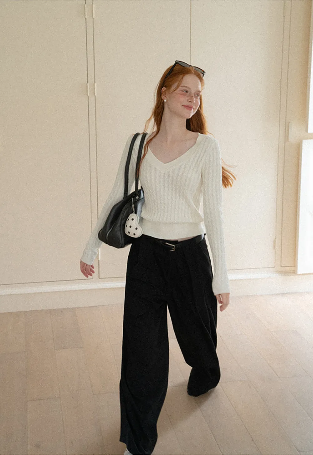 V Neck Cable Knit Long Sleeve Sweater
