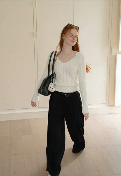 V Neck Cable Knit Long Sleeve Sweater