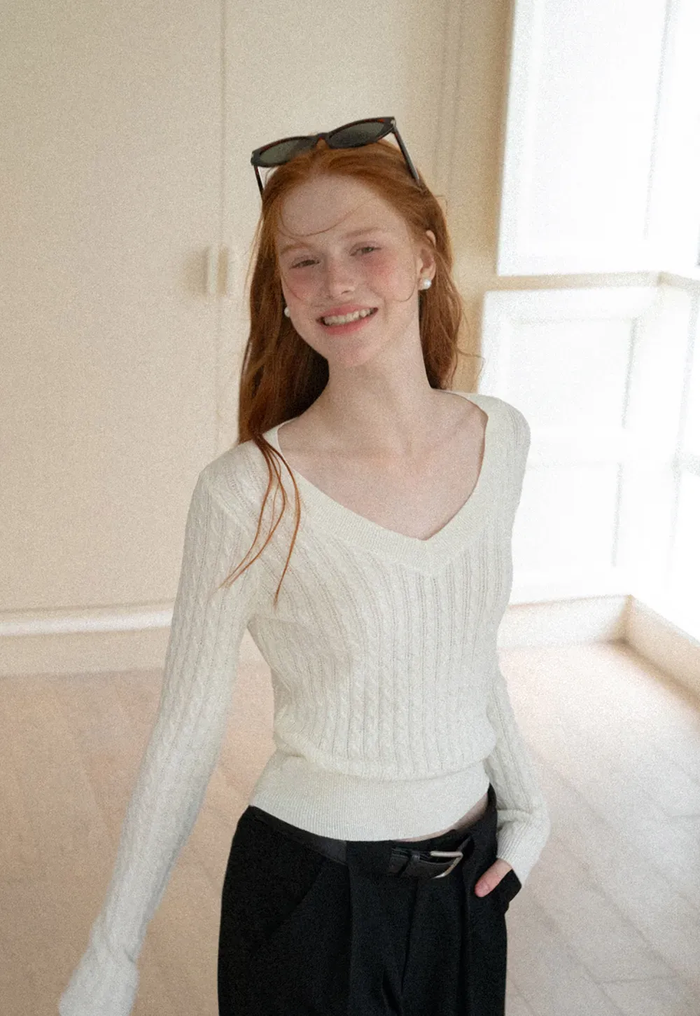 V Neck Cable Knit Long Sleeve Sweater
