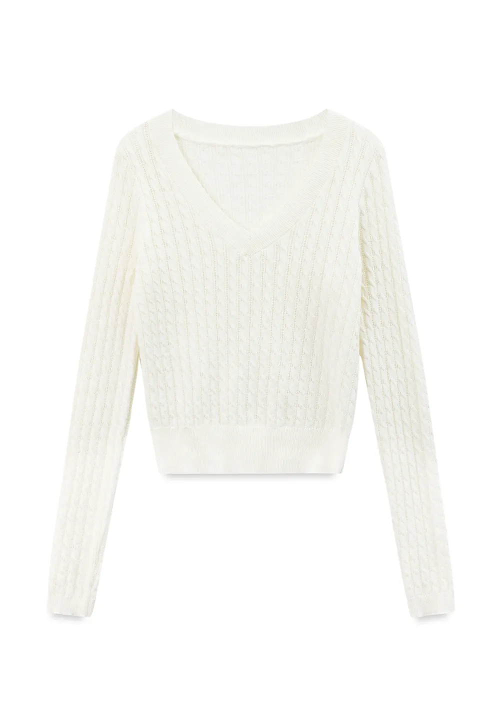 V Neck Cable Knit Long Sleeve Sweater