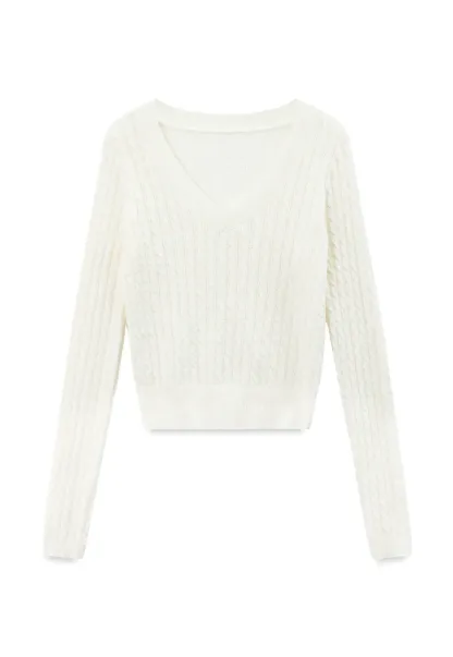 V Neck Cable Knit Long Sleeve Sweater