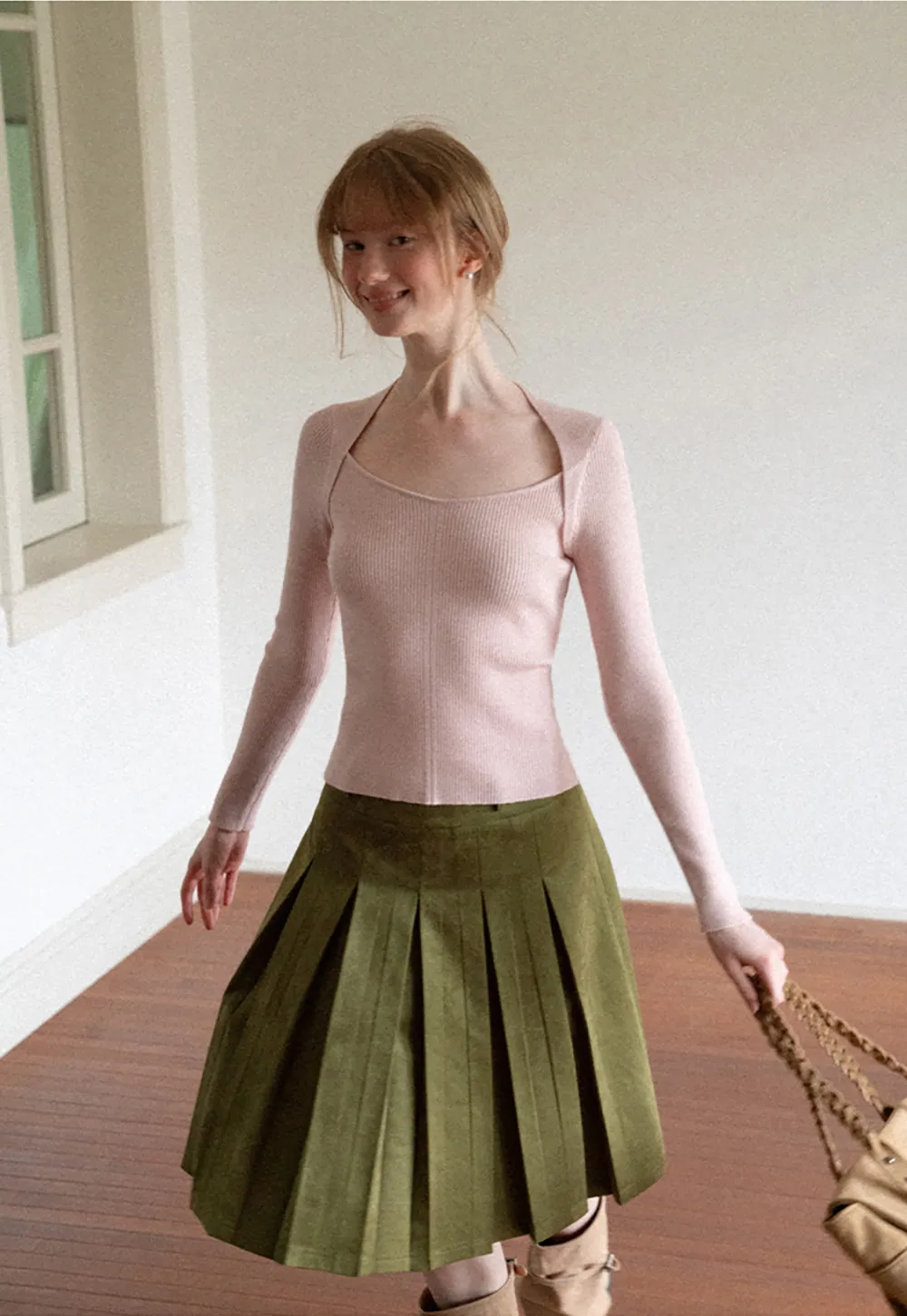 Ribbed Knit Square Neck Long Sleeve Top