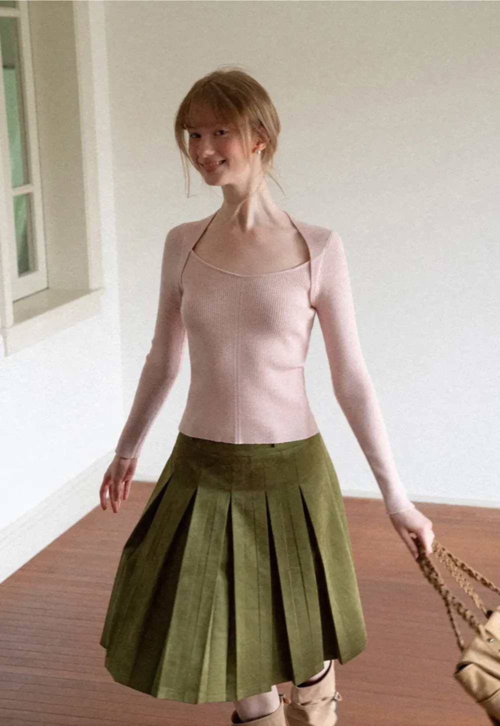 Ribbed Knit Square Neck Long Sleeve Top