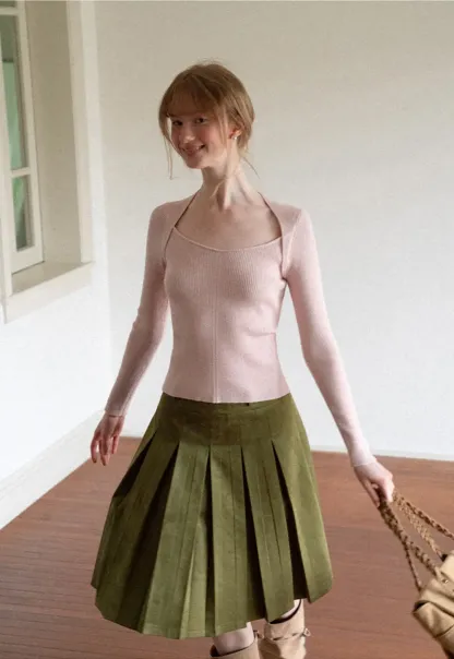 Ribbed Knit Square Neck Long Sleeve Top