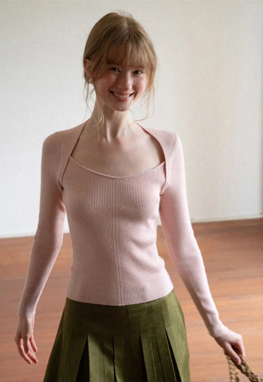 Ribbed Knit Square Neck Long Sleeve Top
