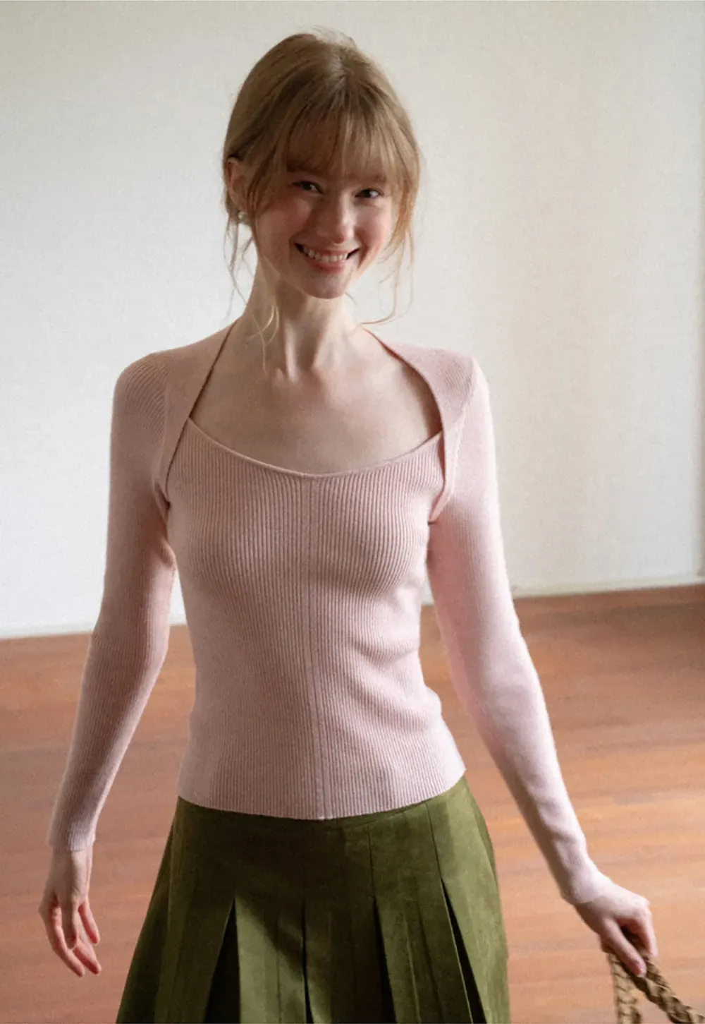 Ribbed Knit Square Neck Long Sleeve Top