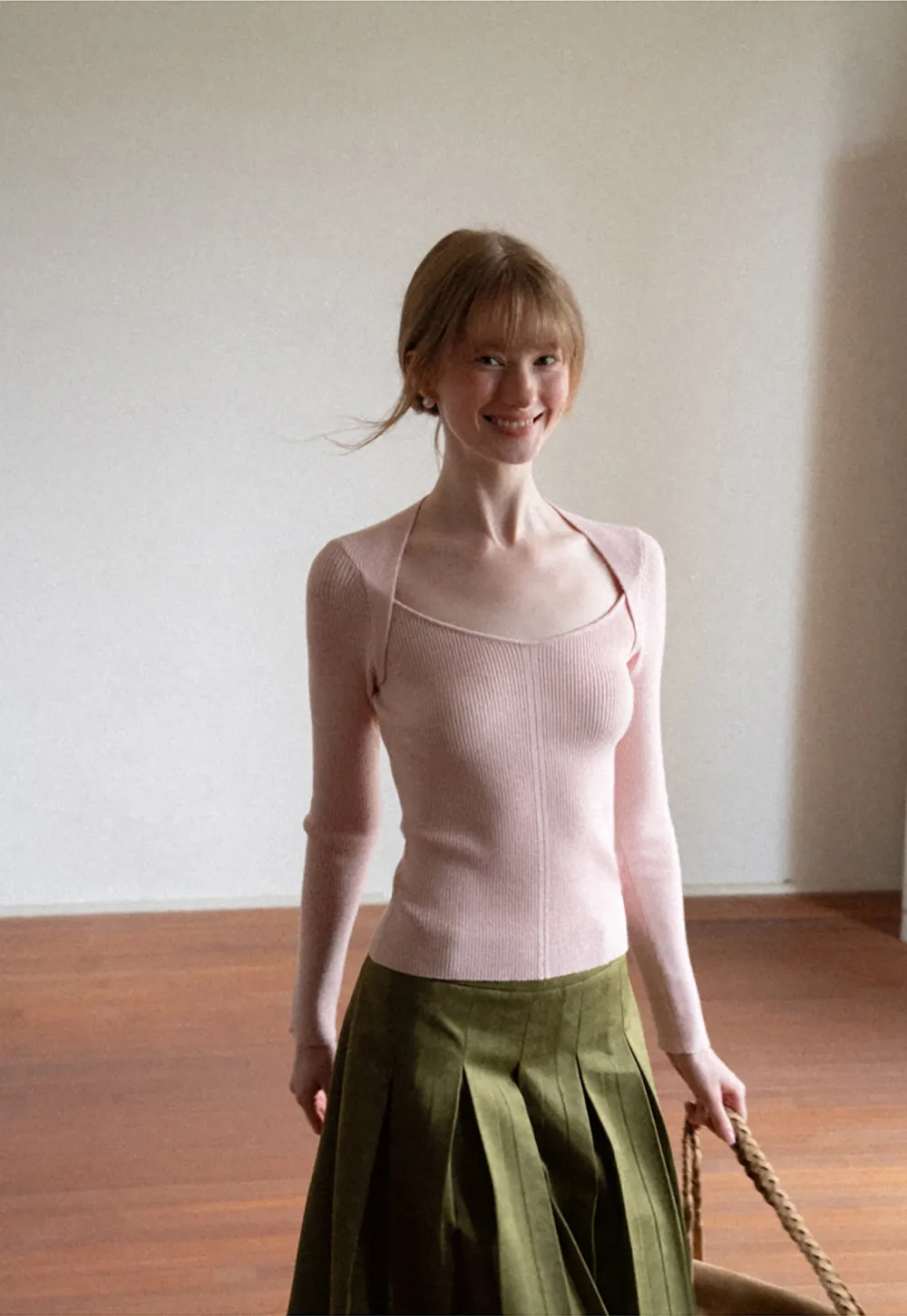 Ribbed Knit Square Neck Long Sleeve Top