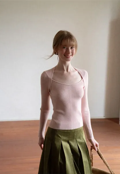 Ribbed Knit Square Neck Long Sleeve Top