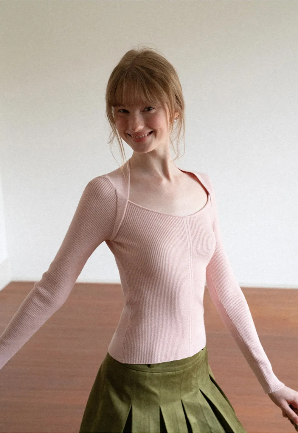 Ribbed Knit Square Neck Long Sleeve Top
