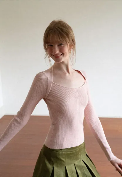 Ribbed Knit Square Neck Long Sleeve Top