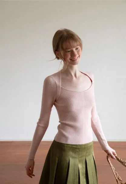 Ribbed Knit Square Neck Long Sleeve Top