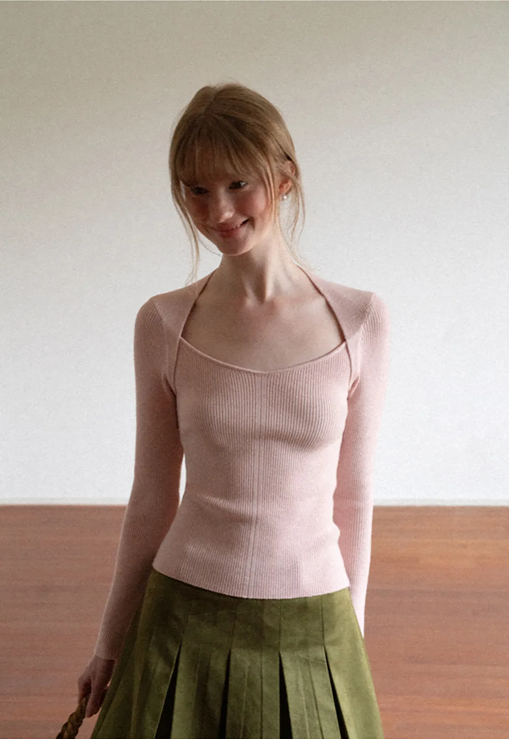 Ribbed Knit Square Neck Long Sleeve Top