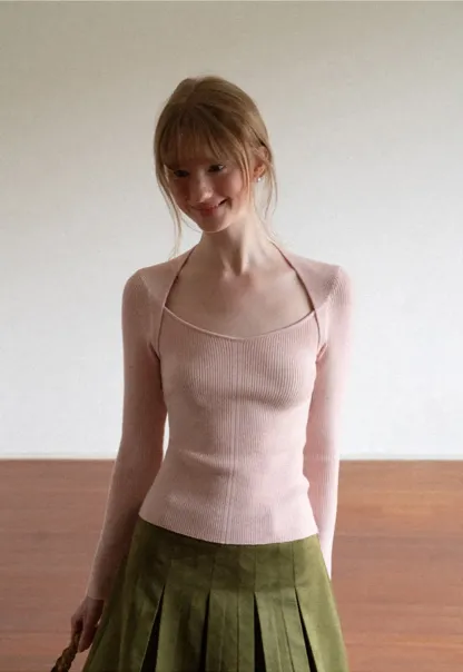 Ribbed Knit Square Neck Long Sleeve Top