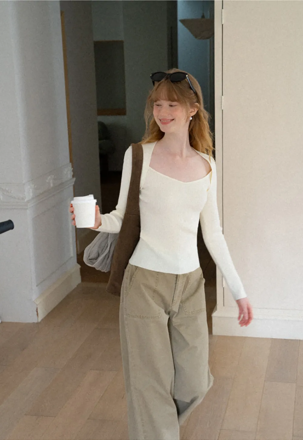 Ribbed Knit Square Neck Long Sleeve Top