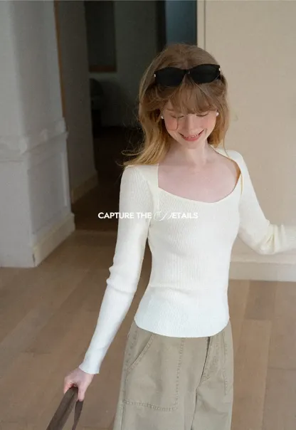 Ribbed Knit Square Neck Long Sleeve Top