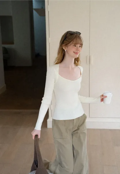 Ribbed Knit Square Neck Long Sleeve Top
