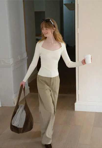 Ribbed Knit Square Neck Long Sleeve Top