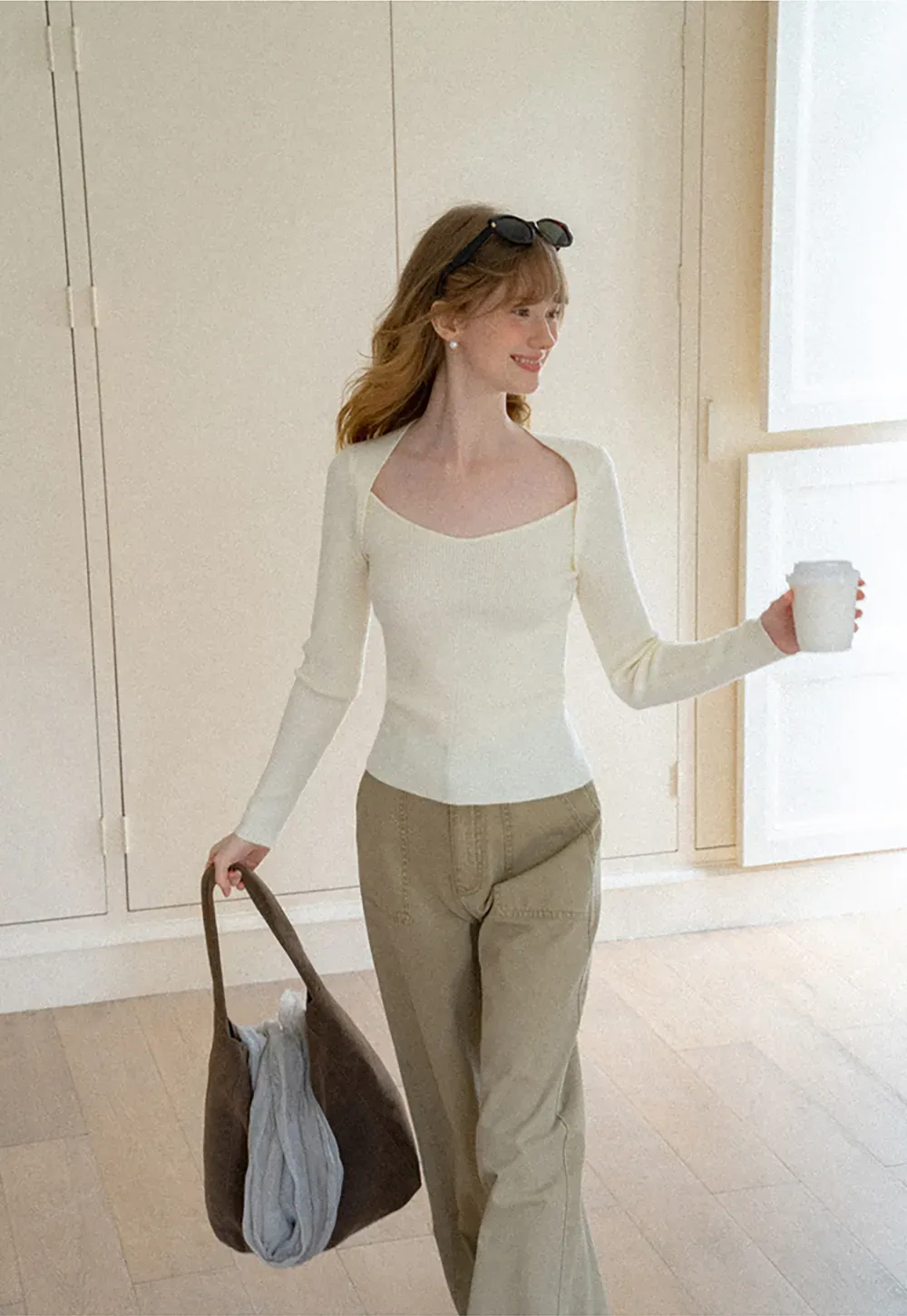 Ribbed Knit Square Neck Long Sleeve Top