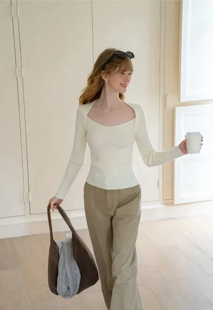 Ribbed Knit Square Neck Long Sleeve Top