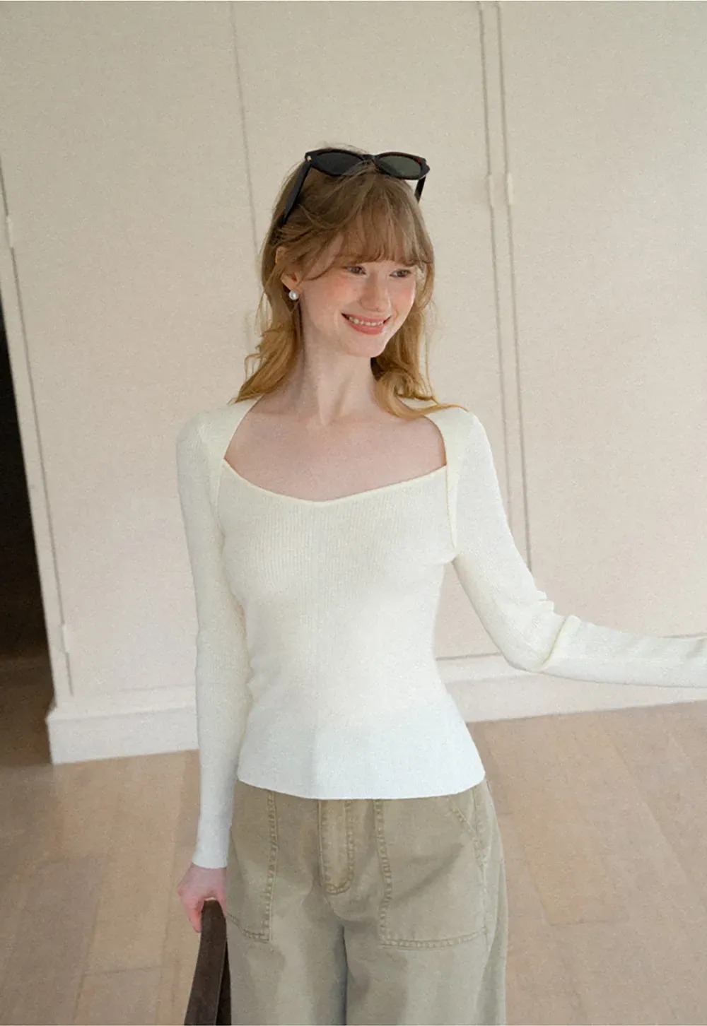 Ribbed Knit Square Neck Long Sleeve Top