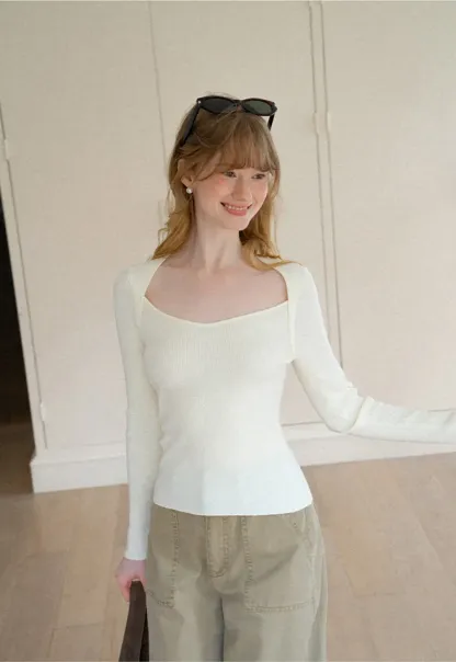 Ribbed Knit Square Neck Long Sleeve Top