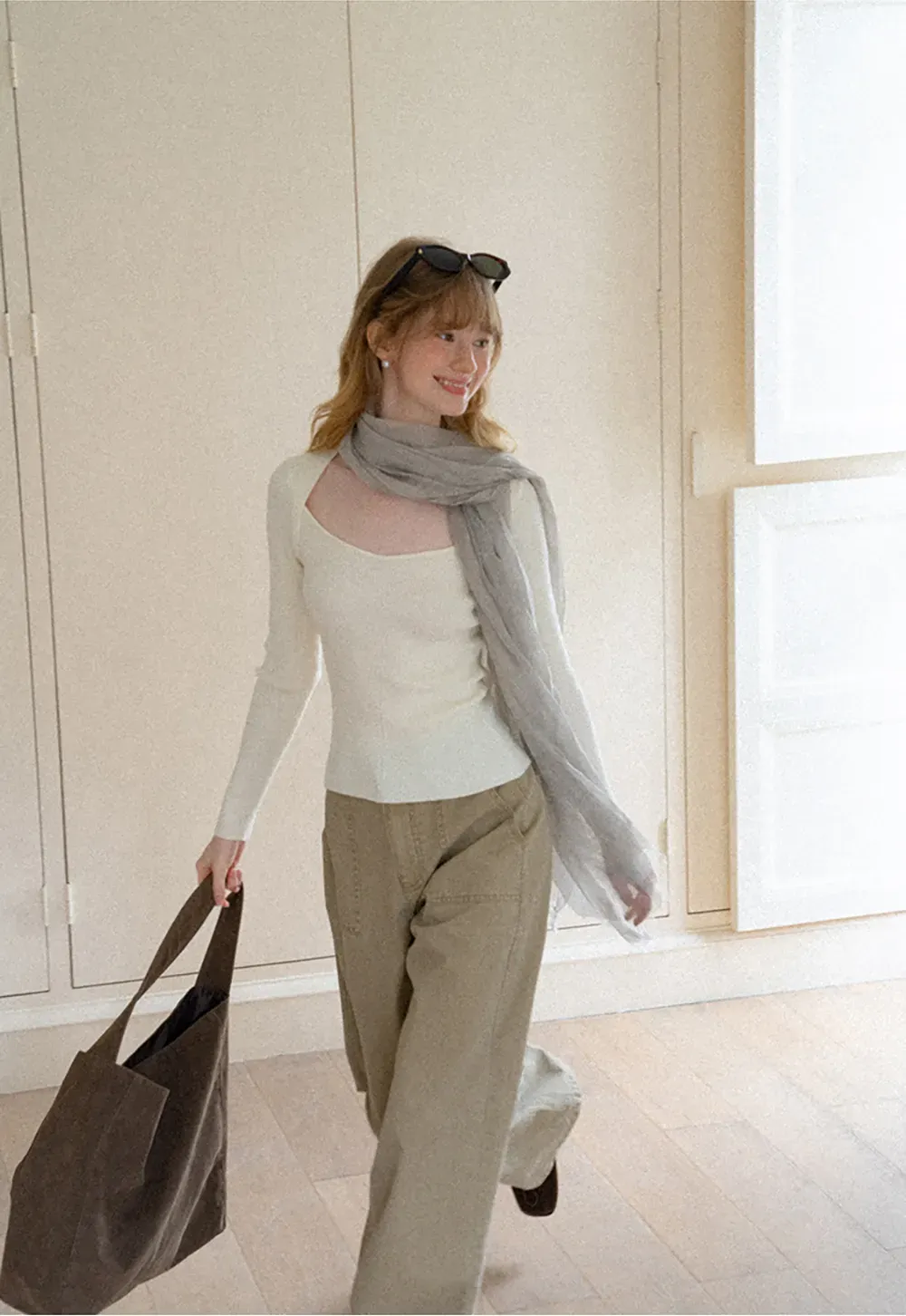 Ribbed Knit Square Neck Long Sleeve Top