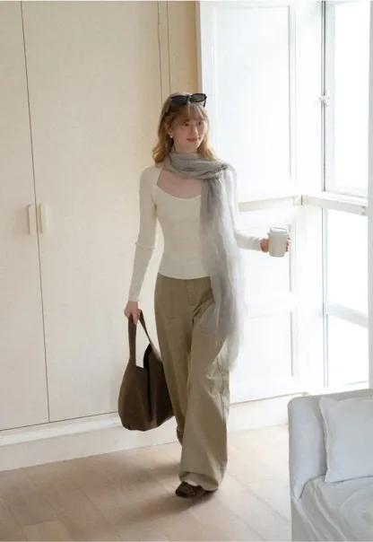 Ribbed Knit Square Neck Long Sleeve Top