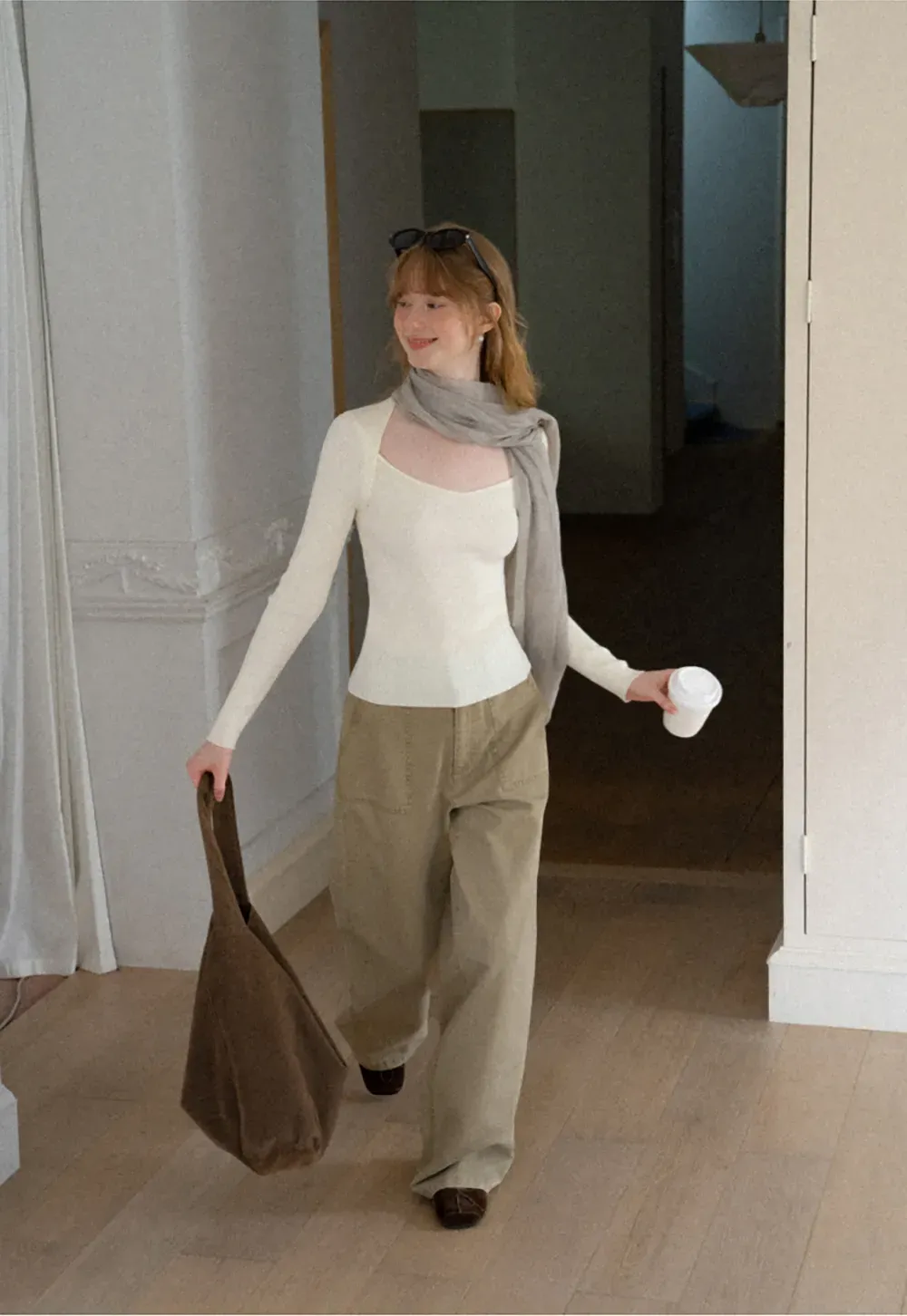 Ribbed Knit Square Neck Long Sleeve Top