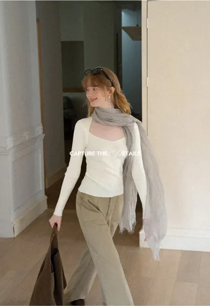 Ribbed Knit Square Neck Long Sleeve Top