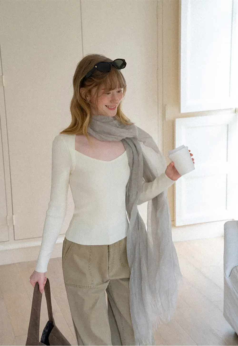 Ribbed Knit Square Neck Long Sleeve Top
