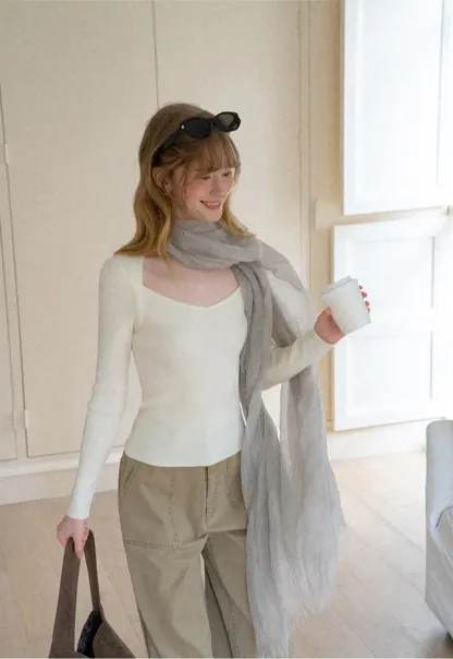Ribbed Knit Square Neck Long Sleeve Top