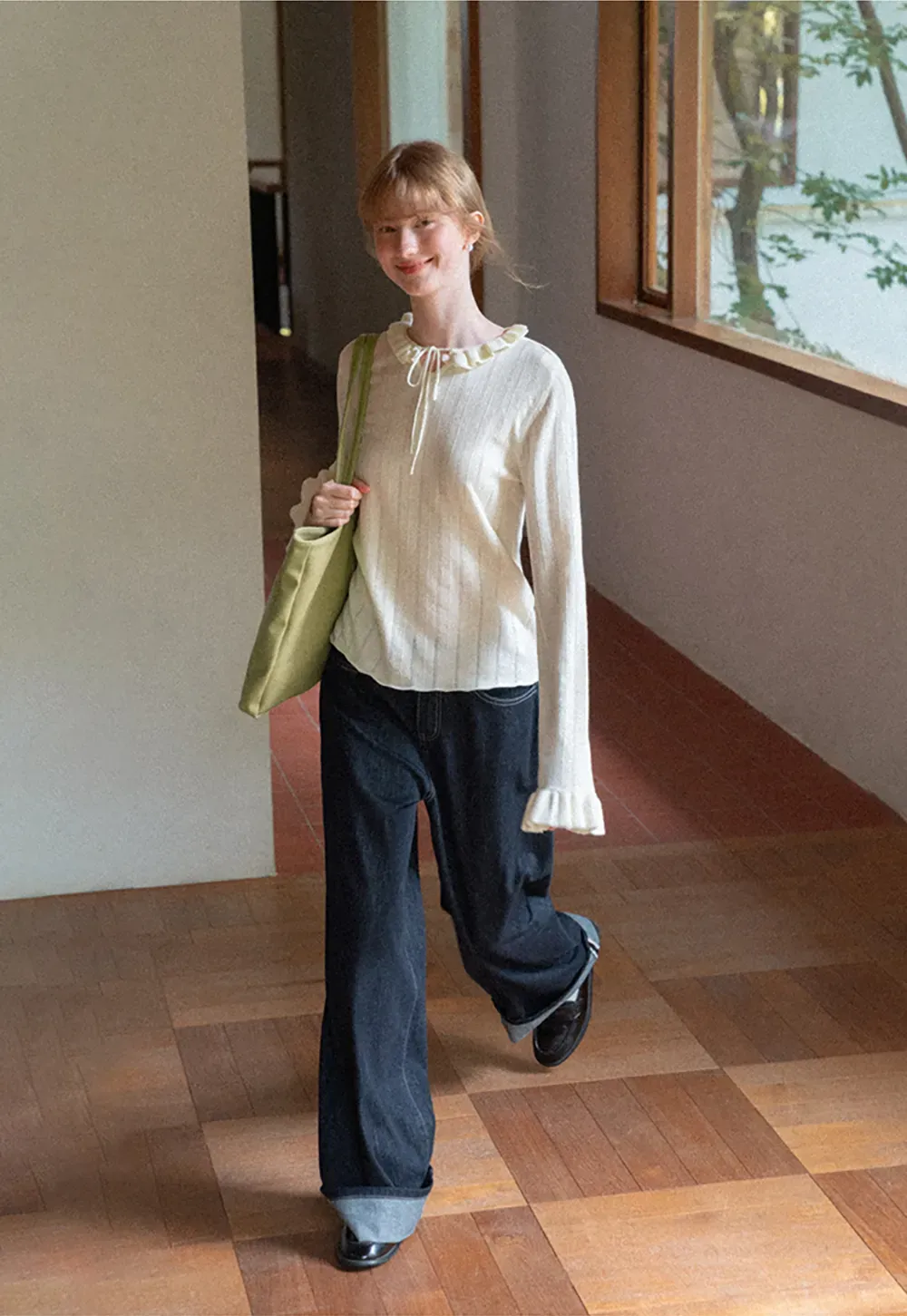 Ruffled Collar and Cuffs Ribbed Knit Sweater