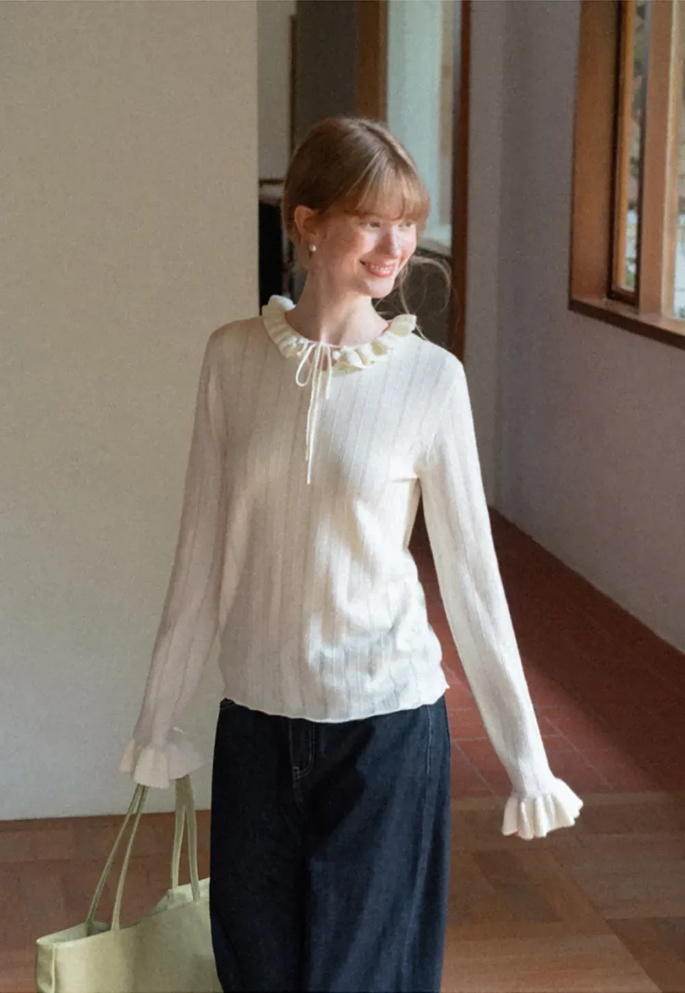 Ruffled Collar and Cuffs Ribbed Knit Sweater