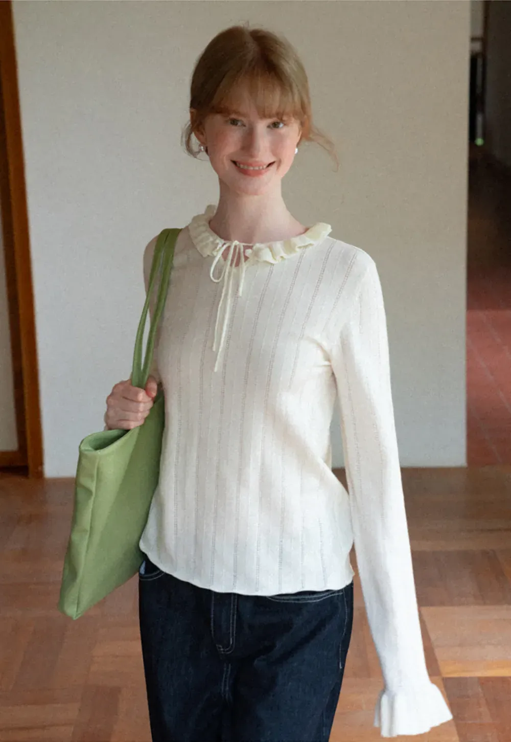 Ruffled Collar and Cuffs Ribbed Knit Sweater
