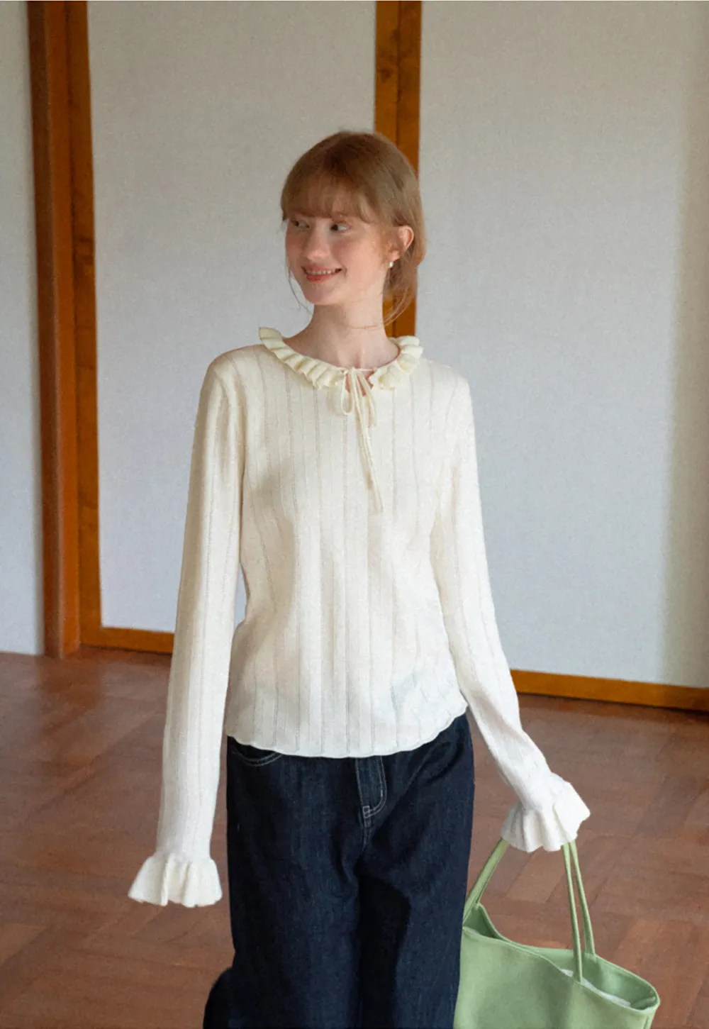 Ruffled Collar and Cuffs Ribbed Knit Sweater