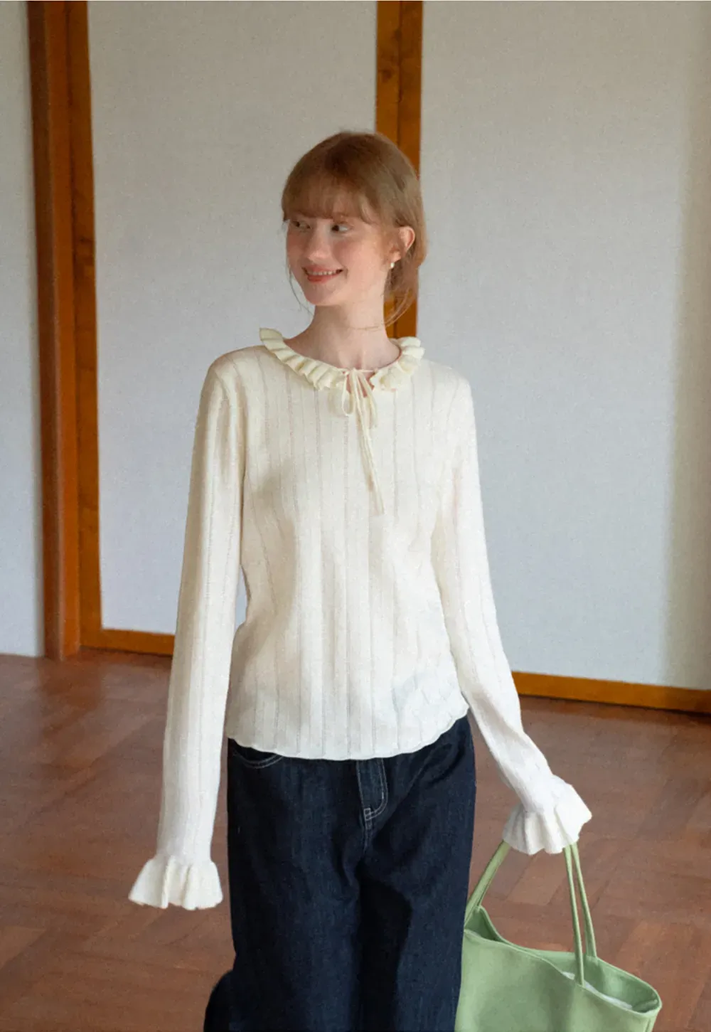 Ruffled Collar and Cuffs Ribbed Knit Sweater