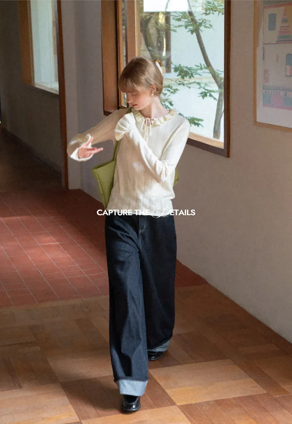 Ruffled Collar and Cuffs Ribbed Knit Sweater