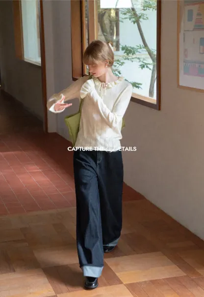 Ruffled Collar and Cuffs Ribbed Knit Sweater