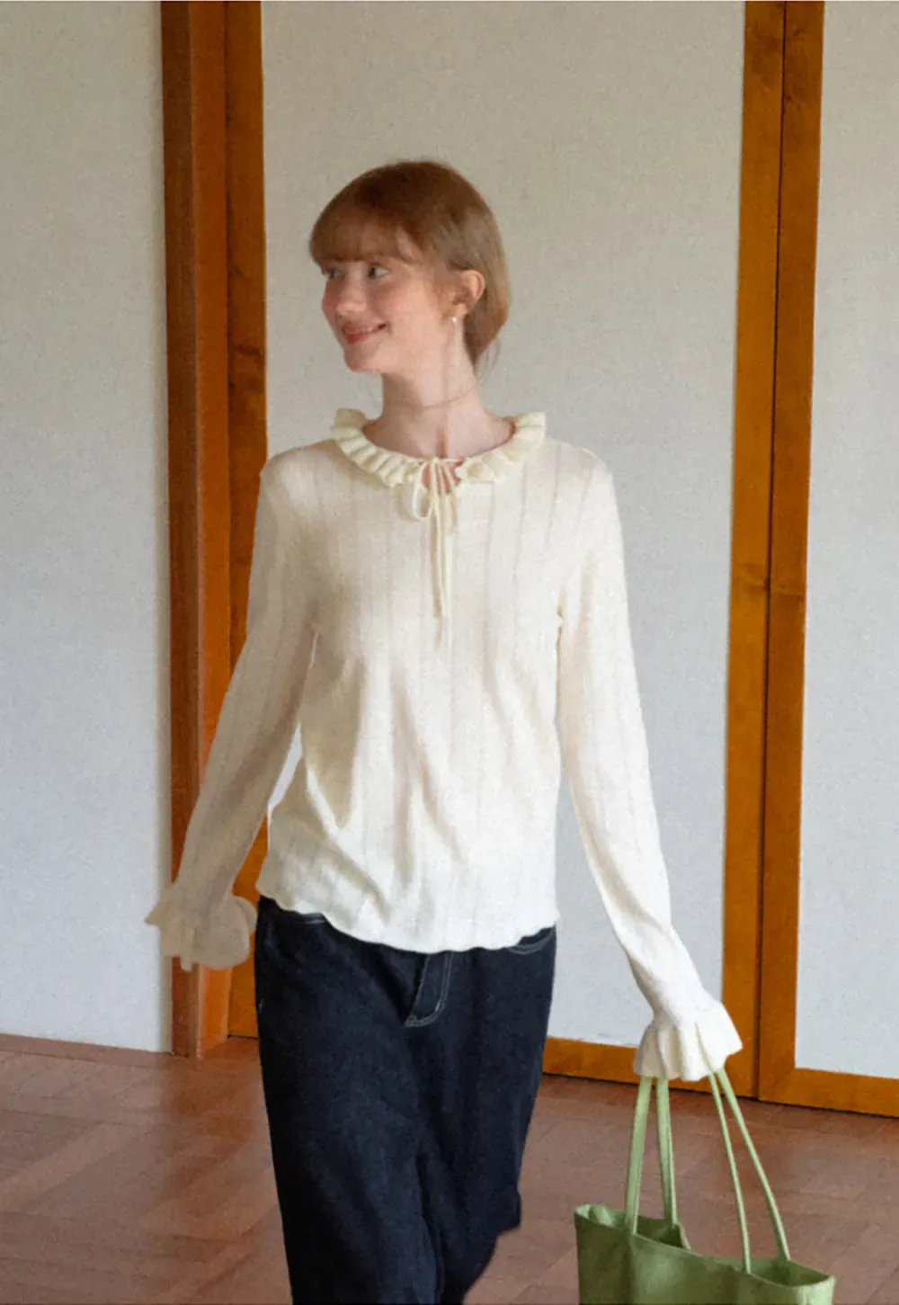 Ruffled Collar and Cuffs Ribbed Knit Sweater