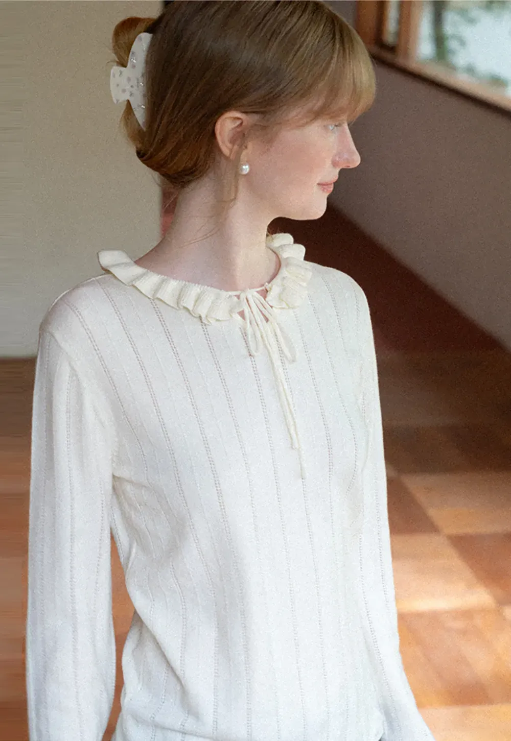 Ruffled Collar and Cuffs Ribbed Knit Sweater