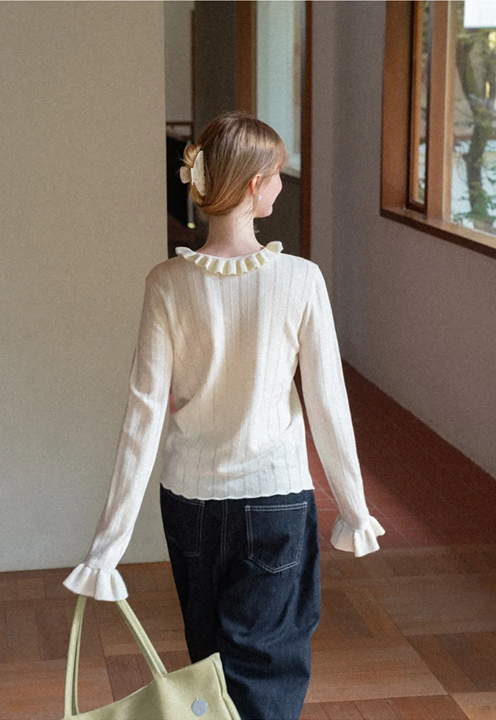 Ruffled Collar and Cuffs Ribbed Knit Sweater