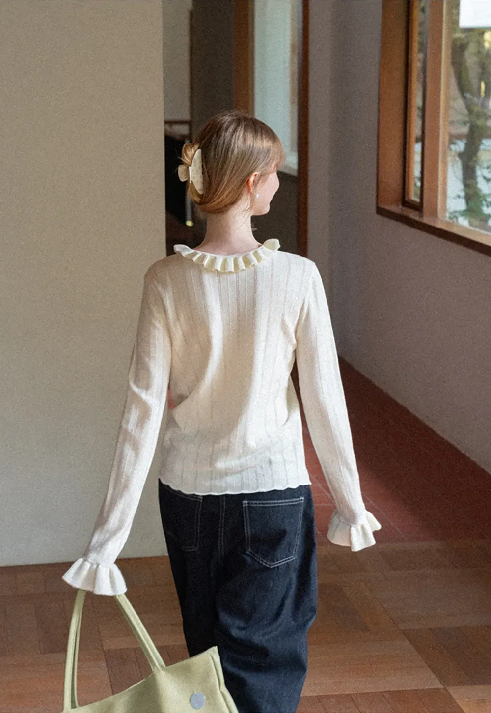 Ruffled Collar and Cuffs Ribbed Knit Sweater