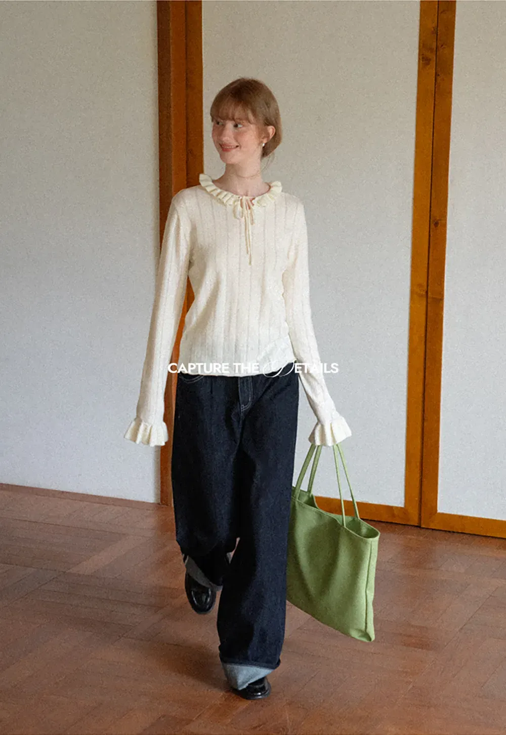 Ruffled Collar and Cuffs Ribbed Knit Sweater