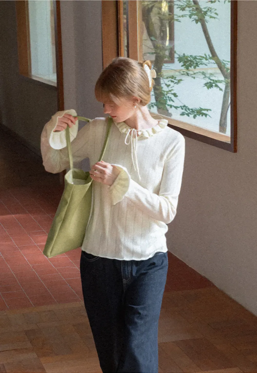 Ruffled Collar and Cuffs Ribbed Knit Sweater