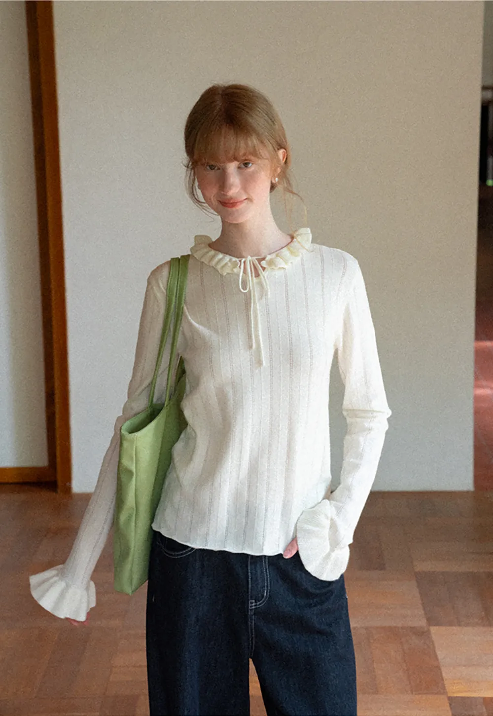 Ruffled Collar and Cuffs Ribbed Knit Sweater