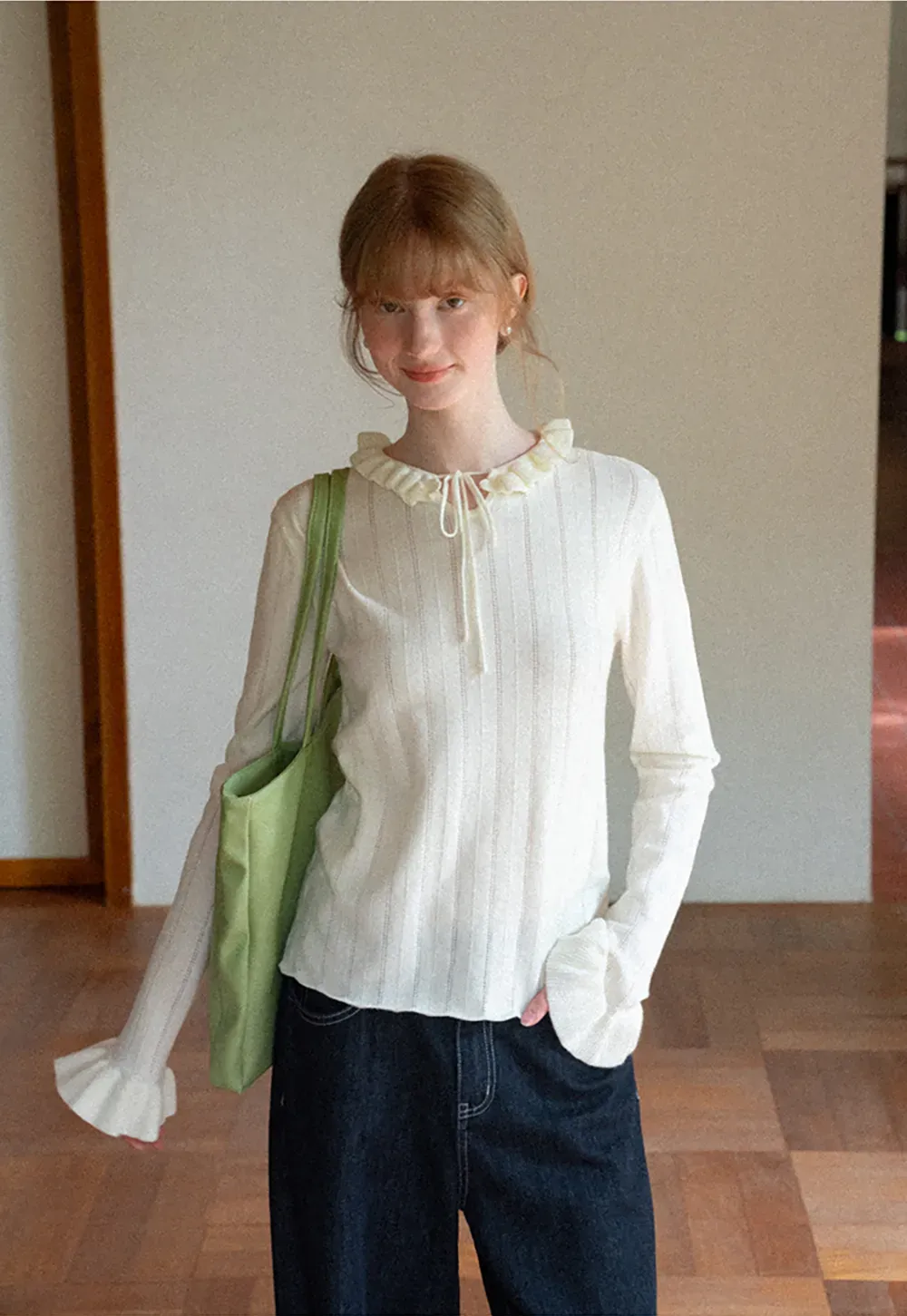 Ruffled Collar and Cuffs Ribbed Knit Sweater