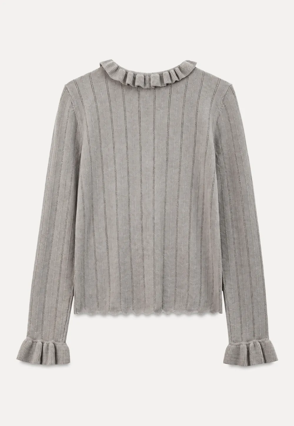Ruffled Collar and Cuffs Ribbed Knit Sweater
